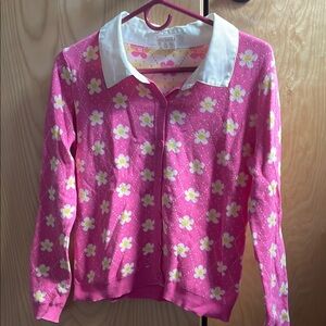 Pink and Yellow Floral Cardigan with White Collar